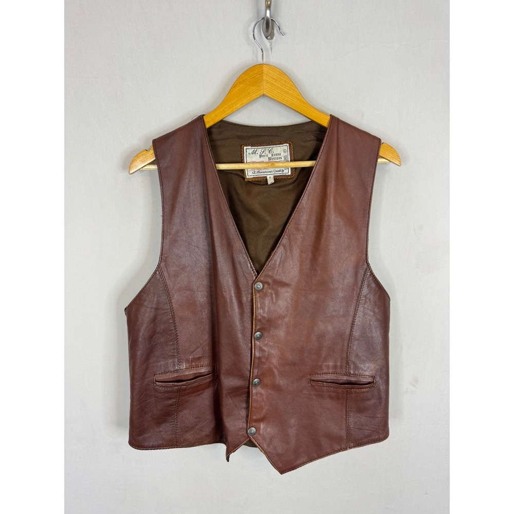 Vintage MLC Pura Lanoa Merinos Brown Leather Vest Mens Size 7 Cinch Back Cognac